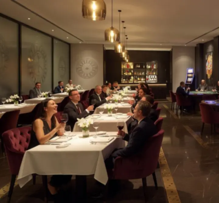 Ambiance moderne mêlant restaurant et casino avec éclairages colorés