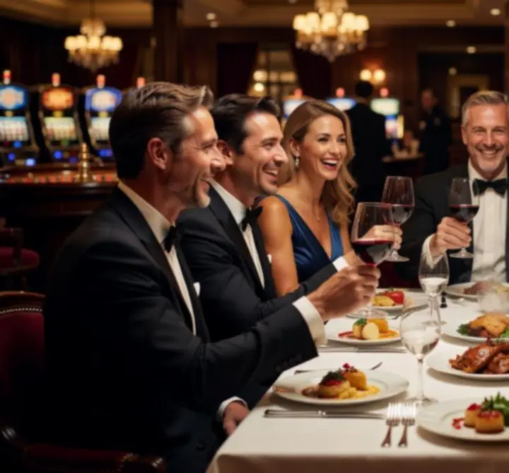 Groupe de clients souriants levant leur verre dans un restaurant élégant, ambiance chaleureuse.