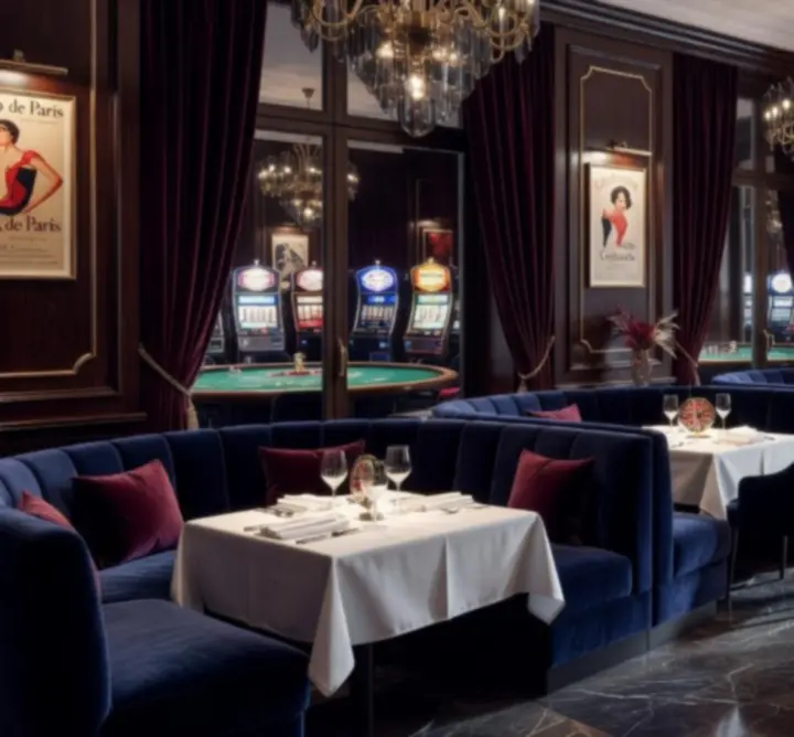 Intérieur d'un restaurant de luxe attenant à un casino, banquettes confortables, luminaires dorés et vue sur les tables de jeux.